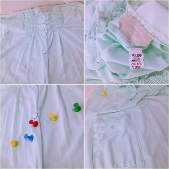 Vintage 80s Danni Dressing Gown Robe -L Pocket Ruched Lace Buttons SSL Nylon - Picture 5 of 8